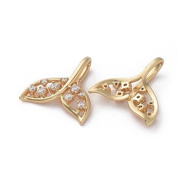 Brass Cubic Zirconia Pendants, Whale Tail Shaped, Real 18K Gold Plated, 18x18x5mm, Hole: 7x3mm