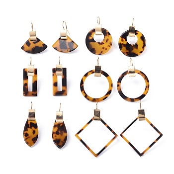 Cellulose Acetate(Resin) Dangle Earrings, with Brass Earring Hooks, Mixed Shapes, Real 18K Gold Plated, Goldenrod, 34~58x15~44x2.5~3.5mm, Pin: 0.7mm