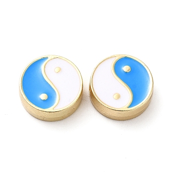 Rack Plating Alloy Enamel Beads, Flat Round with Yin Yang Pattern, Golden, Deep Sky Blue, 11x4mm, Hole: 1.6mm