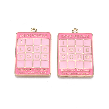 Rack Plating Alloy Enamel Pendants, Cadmium Free & Nickel Free & Lead Free, Light Gold, Rectangle with Love Puzzle Charm, Hot Pink, 33x23x2mm, Hole: 1.8mm