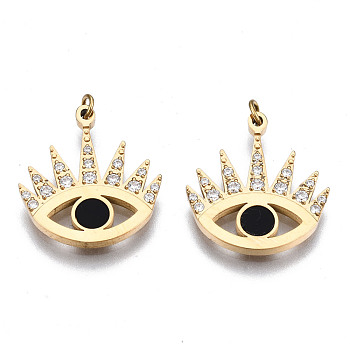 316 Surgical Stainless Steel Enamel Pendants, with Jump Rings and Crystal Rhinestone, Eye, Real 14K Gold Plated, 15.5x14x1.5mm, Jump Ring: 2.7x0.4mm, 1.9mm inner diameter