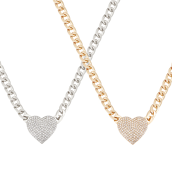 2Pcs 2 Colors Crystal Rhinestone Heart Pendant Necklaces Set with Alloy Curb Chains, Platinum & Golden, 15.43 inch(39.2cm), 1Pc/color