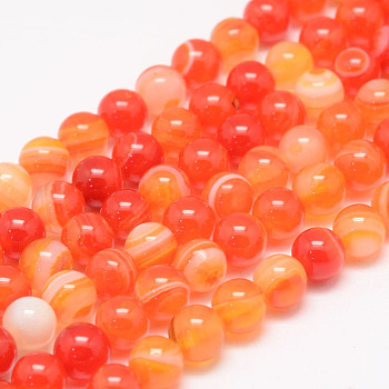 Natural Striped Agate/Banded Agate Bead Strands, Round, Grade A, Dyed & Heated, Dark Orange, 6mm, Hole: 1mm, about 62~63pcs/strand, 14.5 inch