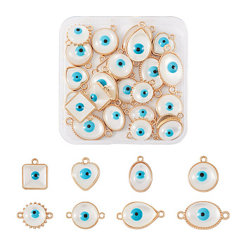 DIY Evil Eye Jewelry Making Finding Kit, Including Alloy Enamel Pendants & Connector Charms, with Cat Eye, Square & Heart & Teardrop & Sun, Light Gold, 14.5~19x12~28x5~6mm, Hole: 1.6~2mm, 32Pcs/box