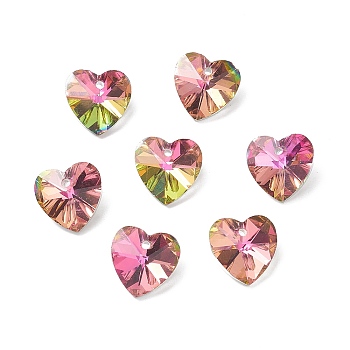 Faceted Glass Charms, Heart, Back Plated, Hot Pink, 14x14x7.5mm, Hole: 1.4mm