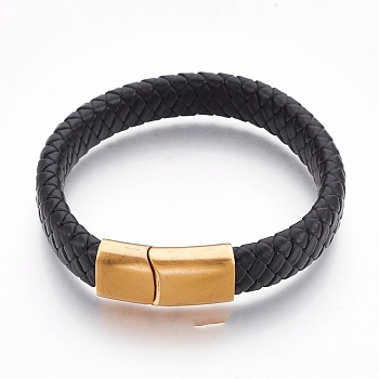 Leather Cord Bracelets, with Stainless Steel Magnetic Clasps, Black, 7-7/8 inch(20cm), 11.5x6mm