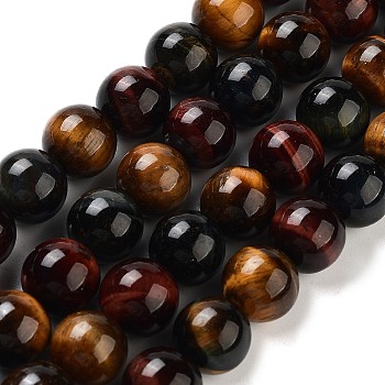 Natural Tiger Eye Beads Strands, Grade AB+, Dyed, Round, Mixed Color, 10mm, Hole: 1mm