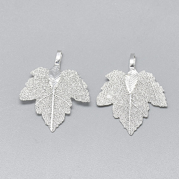Iron Pendants, Electroplate Natural Leaf, Grape Leaf, Silver Color Plated, 35x27x1.5mm, Hole: 3x5.5mm