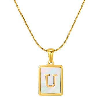 Stainless Steel Snake Bone Chain Alphabet Necklace with Shell Pendant, Letter U, Golden