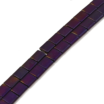 Electroplated Frosted Non-magnetic Synthetic Hematite Beads Strands, Square, 2-Hole, Purple Plated, 5x5x2mm, Hole: 0.8mm, about 74pcs/strand, 15.75 inch(40cm)
