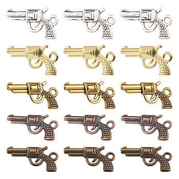 60Pcs 5 Colors Zinc Alloy Revolving Pistol Necklace Pendants, Revolver Pistol Charm, Lead Free and Cadmium Free, Mixed Color, 22x12x3mm, Hole: 2mm, 12pcs/color