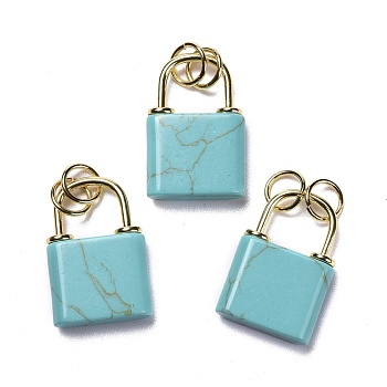 Synthetic Turquoise Pendants, with Golden Brass Findings and Jump Rings, Cadmium Free & Lead Free, Lock, 27x18x5.5mm, Hole: 6mm