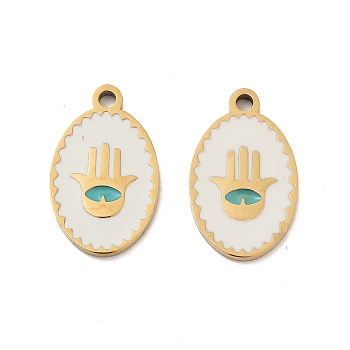 Ion Plating(IP) 316 Surgical Stainless Steel Pendants, Nickel Free, with Enamel, Real 18K Gold Plated, Oval with Hamsa Hand Pattern, White, 18x11x1.5mm, Hole: 1.6mm