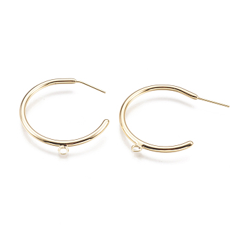 Brass Stud Earring Findings, Half Hoop Earrings, with Loop, Nickel Free, Real 18K Gold Plated, 32.5x29x2mm, Hole: 2mm, pin: 0.7mm