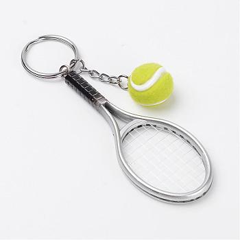 Sport Theme, Tennis & Racket Acrylic Keychain, with Alloy Balls and Iron Key Rings, Platinum, 120mm