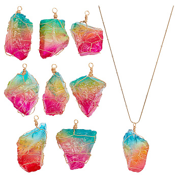 8Pcs Electroplated Rainbow Color Raw Rough Natural Quartz Crystal Big Pendants, Light Gold Plated Copper Wire Wrapped Nuggets Charms, Colorful, 47~58mm, Hole: 3.5mm