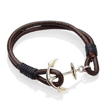 Alloy Bracelets, Cowhide Leather Cord with Waxed Cotton Cord, Anchor & Helm, Silver Color Plated, 190mm