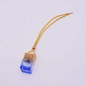 Car Hanging Air Freshener Glass Bottles, with Plastic Stopper, Wooden Dust Plug, Refillable Empty Perfume Bottles, Cube, Blue, 260mm