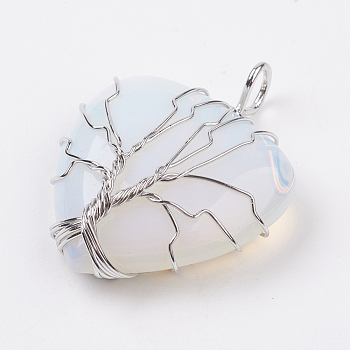 Opalite Pendants, with Platinum Tone Brass Findings, Heart, 40x31x10mm, Hole: 5mm