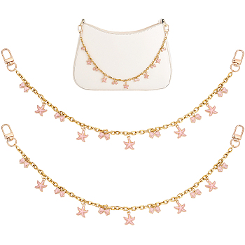 2Pcs Alloy Enamel Pink Bowknot Tassel 304 Stainless Steel Cable Chain Bag Decorative Chains, with Alloy Swivel Clasps, Light Gold, Starfish, 400mm