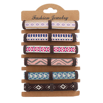 6Pcs 6 Colors PU Leather & Cotton Braided Cord Bracelets Set, Ethnic Tribal Adjustable Bracelets for Women, Plum, Inner Diameter: 2~2-1/2 inch(5.2~6.2cm), 1Pc/color