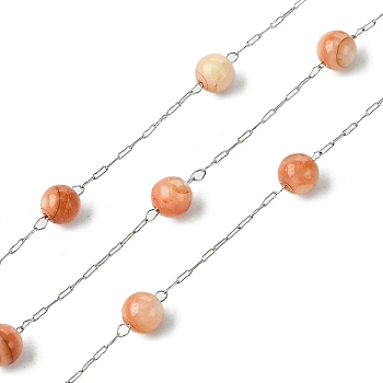 Natural Shell Pearl Beads,Dyed with 304 Stainless Steel Chains, Soldered, with Spool, Coral, 5mm