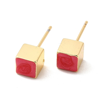 Enamel Cube Stud Earrings, Real 18K Gold Plated Brass Jewelry for Women, Red, 6x6mm, Pin: 0.8mm