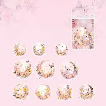 20Pcs 10 Styles Laser PET Waterproof Decorative Stickers, Self-adhesive Flower Moon Decals, for DIY Scrapbooking, Pink, Packing: 177x103mm, 2pcs/style