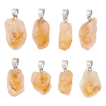 8Pcs Natural Citrine Pendants, Nuggets Charms, with Stainless Steel Color Tone Stainless Steel Snap on Bails, 22~27x14~17x14~17mm, Hole: 4x7mm