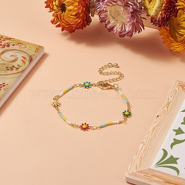 Brass Flower Link Chain Bracelet with Seed Beaded for Women(BJEW-JB09297)-2