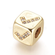 Brass Beads, with Micro Pave Cubic Zirconia, Cube with Tick Sign, Clear, Golden, 6x6x6mm, Hole: 3mm(KK-I657-03G)
