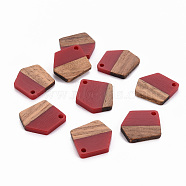 Transparent Resin & Walnut Wood Pendants, Waxed, Polygon, Dark Red, 20.5x18.5x3~4mm, Hole: 2mm(RESI-S384-003A-A06)