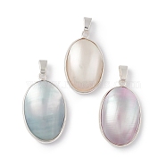 Natural Shell Pendants, Oval Charms, with Rack Plating Silver Tone Brass Findings, Mixed Color, 35x21.5x7.5mm, Hole: 4.5x6.5mm(SSHEL-G028-02S)