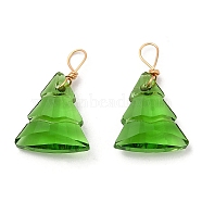 Glass Pendants, with Light Gold Brass Loops, Christmas Tree Charms, Lime, 21~22x13~13.5x5~5.5mm, Hole: 5x3.5mm(KK-Q777-08LG-03)