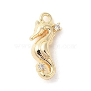 Marine Animal Theme Golden Brass Micro Pave Clear Cubic Zirconia Pendants, Sea Horse, 15x7x4.5mm, Hole: 1.4mm(KK-U031-01G-02)