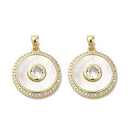 Brass Micro Pave Clear Cubic Zirconia Pendants, with Shell, Real 18K Gold PlatedPlated, Flat Round, 20x18x3mm, Hole: 2.5x4mm(KK-I708-02B-G)