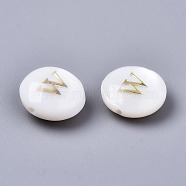 Natural Freshwater Shell Beads, with Golden Plated Brass Etched Metal Embellishments, Flat Round, Seashell Color, Letter.W, 8x3~5mm, Hole: 0.5~07mm(SHEL-S266-12W)