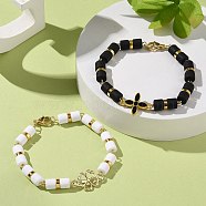 Handmade Polymer Clay Bead Bracelets Sets, Flower Alloy Enamel Link Bracelets for Women, Black & White, Golden, 7-3/8 inch(18.8cm), 2pcs/set(BJEW-JB08756)