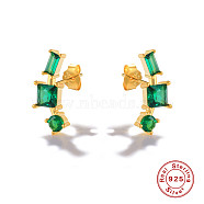 S925 Sterling Silver Geometric Stud Earrings, with Cubic Zirconia, Golden, Green, 15x4mm(WD8941-2)