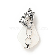 Natural White Shell Pendants, Teardrop Charm, with Stainless Steel Color Plated 304 Stainless Steel  Dolphin Findings and Jump Ring, 35~40x18~20x8~10mm, Jump Ring: 4x0.7mm, Inner Diameter: 2.5mm(SSHEL-C010-07P)