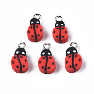 Handmade Polymer Clay Charms, with Platinum Plated Iron Loop, Ladybug, Red, 14~15.5x7.5~8.5x4~5mm, Hole: 1.8mm(CLAY-N006-43)