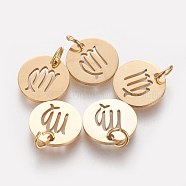 304 Stainless Steel Pendants, with Jump Ring, Laser Cut, Flat Round with Constellation/Zodiac Sign, Golden, Virgo, 12x1mm, Hole: 3mm(A-STAS-Q201-T445-6G)