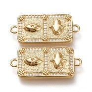 Brass Micro Pave Cubic Zirconia Links Connectors, Rectangle with Eye & Hamsa Hand, Clear, Real 18K Gold Plated, 31.5x15x3mm, Hole: 2mm(ZIRC-F116-25-G)
