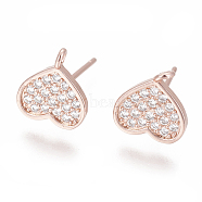 Brass Stud Earring Findings, with Cubic Zirconia and Loop, Heart, Clear, Rose Gold, 10x9mm, Hole: 1.2mm, Pin: 0.8mm(ZIRC-O034-20RG)