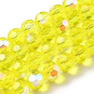 Electroplate Transparent Glass Beads Strands, Faceted, Round, Rainbow Plated, Yellow, 8mm, Hole: 1mm, about 66~69pcs/strand, 19.29~19.57 inch(49~49.7cm)(EGLA-A035-T8mm-L03)