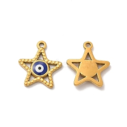 Vacuum Plating 201 Stainless Steel Pendants, Real 18K Gold Plated, Star Charms with Enamel Evil Eye, Blue, 20x17.5x2.5mm, Hole: 2mm(STAS-J401-VF668-1)