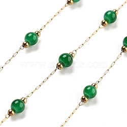 Handmade Round Dyed Natural Malaysia Jade Beaded Chains, with Ion Plating(IP) 304 Stainless Steel Paperclip Chains, Unwelded, Real 18K Gold Plated, Green, 2.2x1x0.5mm(CHS-P019-08G-E)