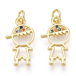 Brass Micro Pave Colorful Cubic Zirconia Pendants, with Jump Ring, Boy Charms, Real 18K Gold Plated, 19.5x11x2mm, Hole: 3.2mm(KK-E068-VF141)