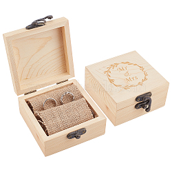 Beech Wood Flip Cover Box, Candy Jewelry Boxes, with Metal Clasps, for Ring Jewelry Boxes, Square with Word Mr & Mrs, Navajo White, 9.8x9x4.8cm(AJEW-WH0079-92)