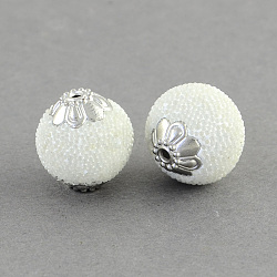 Round Handmade Indonesia Beads, with Silver Color Plated Metal Color Alloy Cores, White, 13~15x13~14mm, Hole: 1.5mm(IPDL-R404-02)
